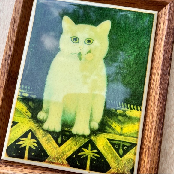 Martin Leman Vintage Cat Tile In Wood Frame - Picture 2 of 9